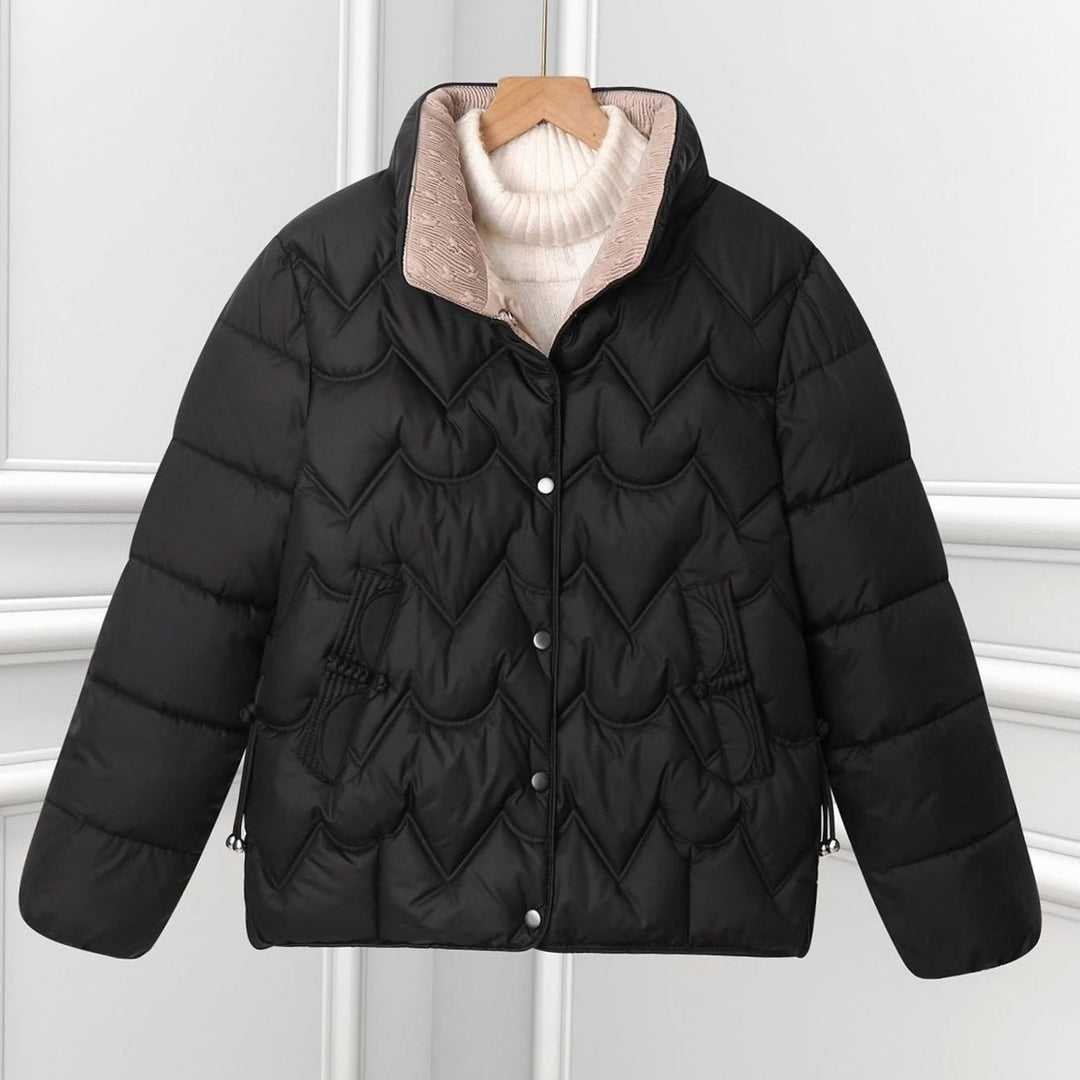 Women's Short Quilted Puffer Jacket Scallop Stitch Press-Stud - Black