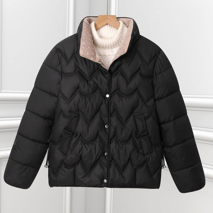 Women's Short Quilted Puffer Jacket Scallop Stitch Press-Stud - Black