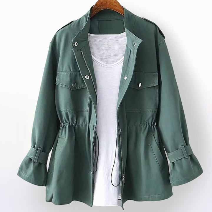 Women's Short Zip-Up Drawstring Waist Trench Coat - Green
