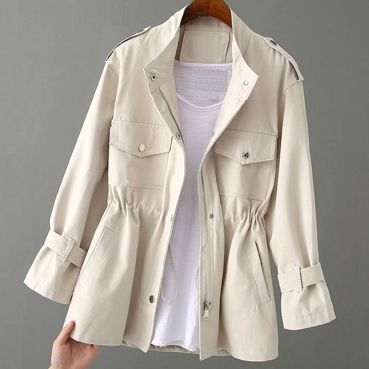Women's Short Zip-Up Drawstring Waist Trench Coat - Beige