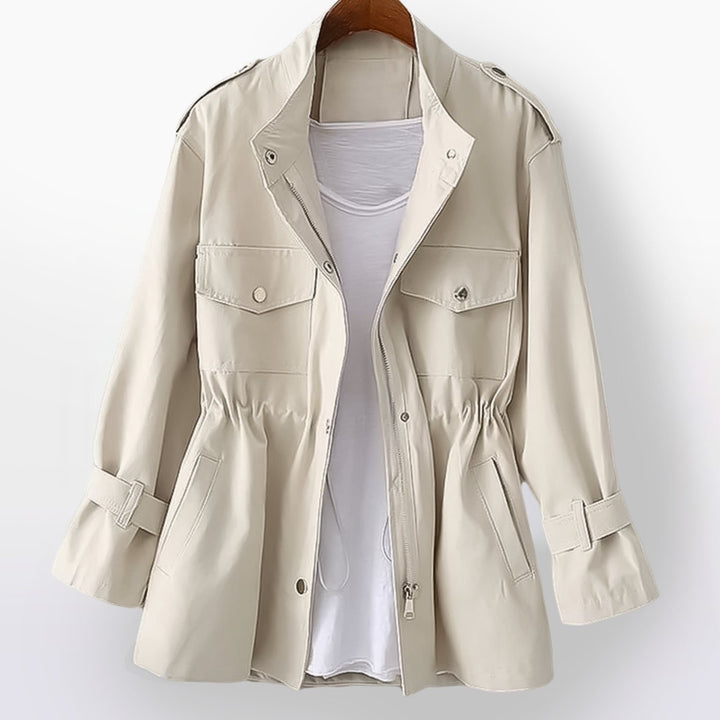 Women's Short Zip-Up Drawstring Waist Trench Coat - White