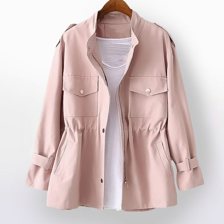 Women's Short Zip-Up Drawstring Waist Trench Coat - Pink