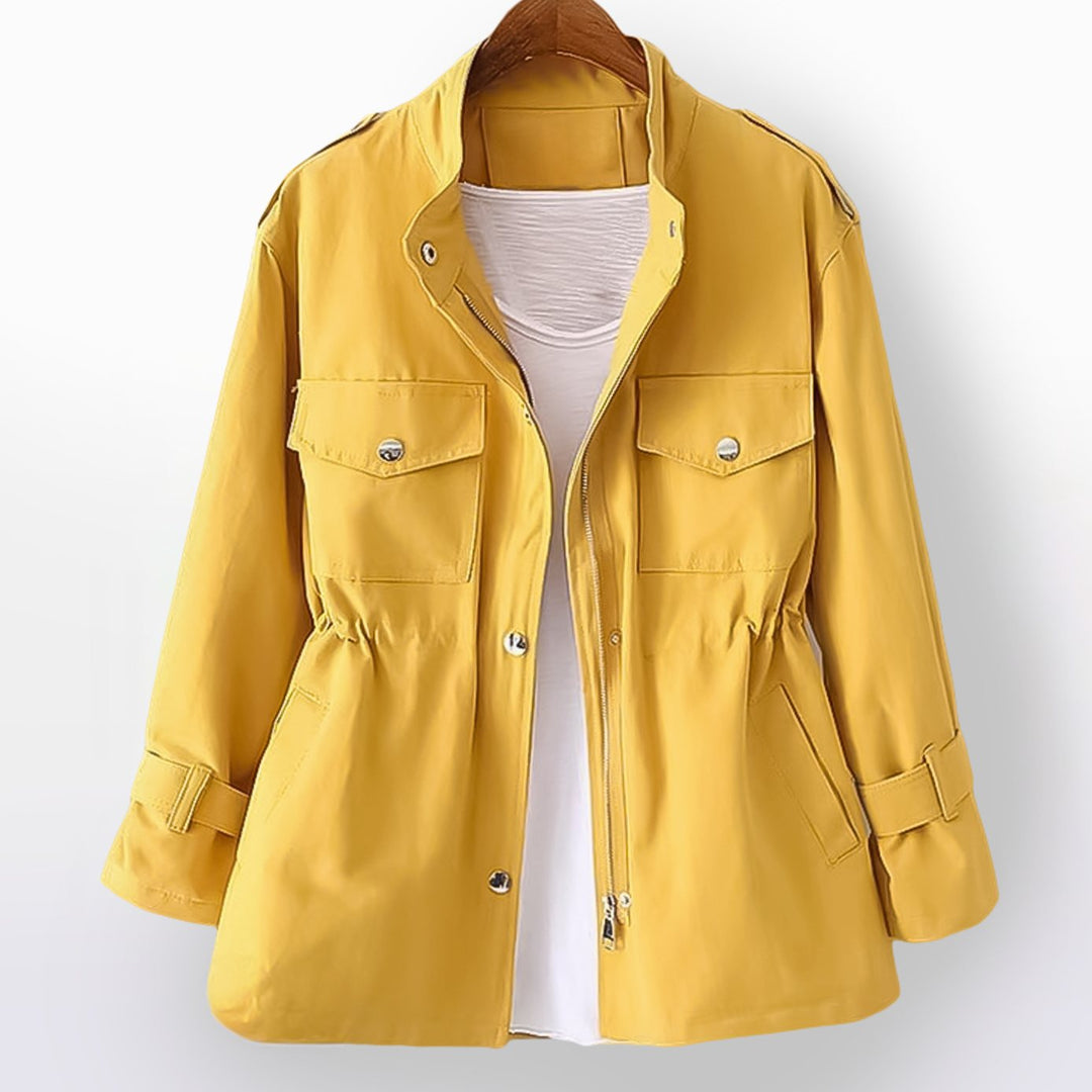 Women's Short Zip-Up Drawstring Waist Trench Coat - Yellow