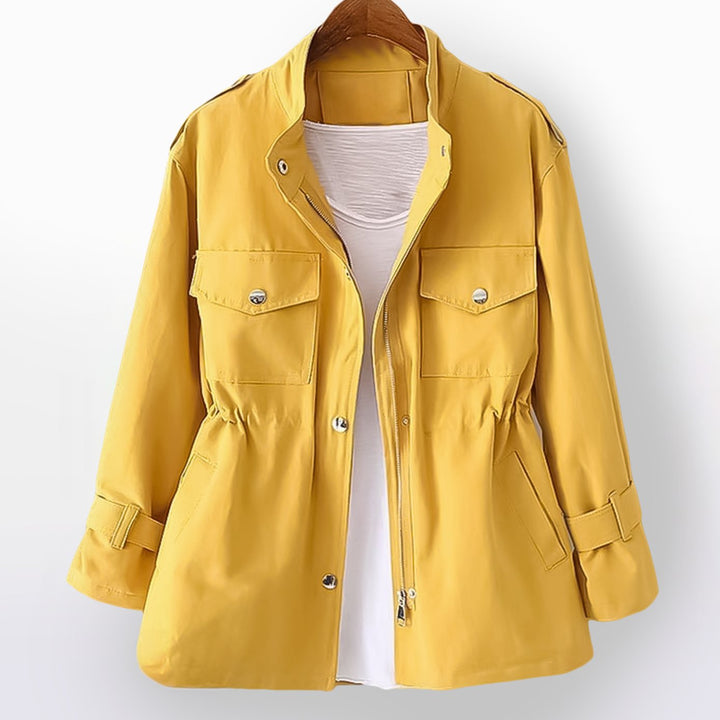 Women's Short Zip-Up Drawstring Waist Trench Coat - Yellow