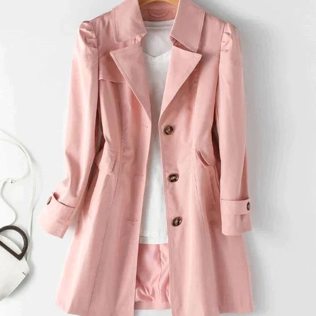 Women's Single-Breasted Puff-Sleeve Midi Trench Coat, Pink - Pink
