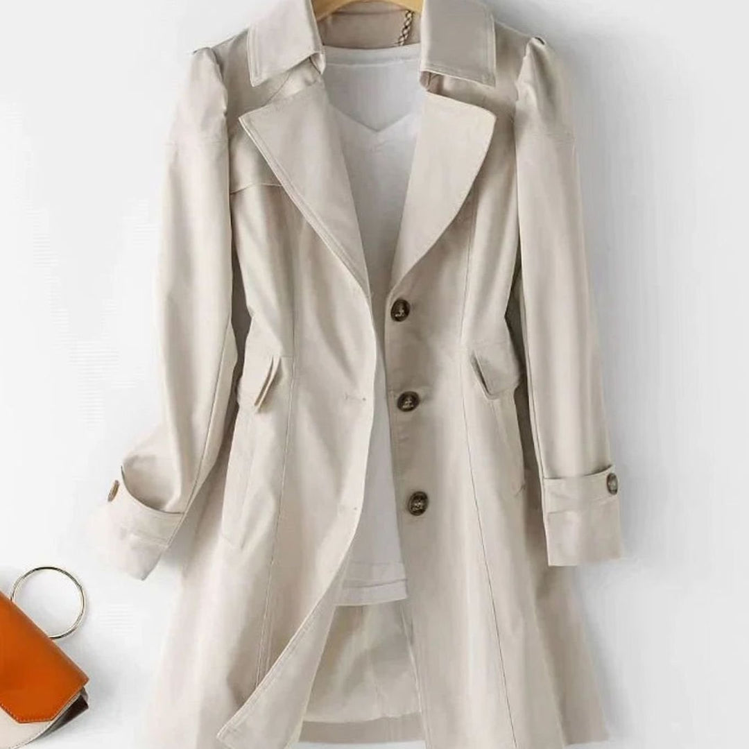 Women's Single-Breasted Puff-Sleeve Midi Trench Coat, Pink - Beige