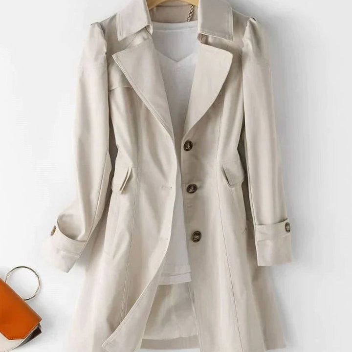 Women's Single-Breasted Puff-Sleeve Midi Trench Coat, Pink - Beige