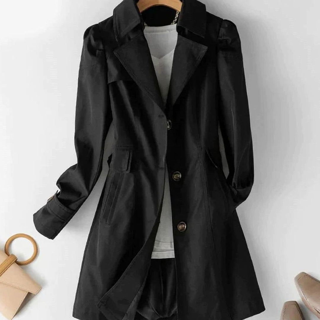 Women's Single-Breasted Puff-Sleeve Midi Trench Coat, Pink - Black