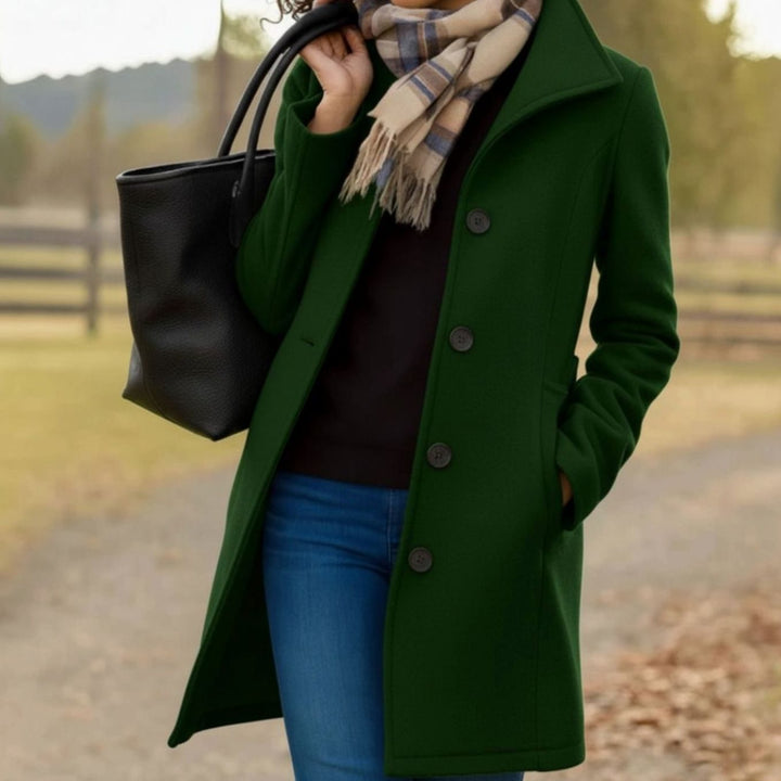 Women's Single-Breasted Wool-Blend Mid-Length Tailored Coat - Dark Green