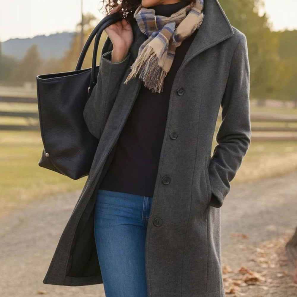 Women's Single-Breasted Wool-Blend Mid-Length Tailored Coat - Grey