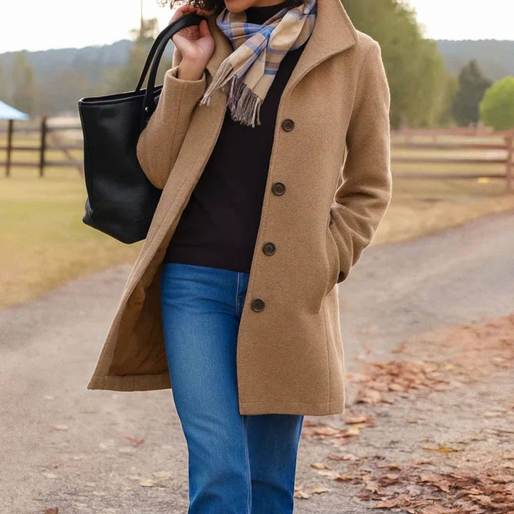 Women's Single-Breasted Wool-Blend Mid-Length Tailored Coat - Khaki