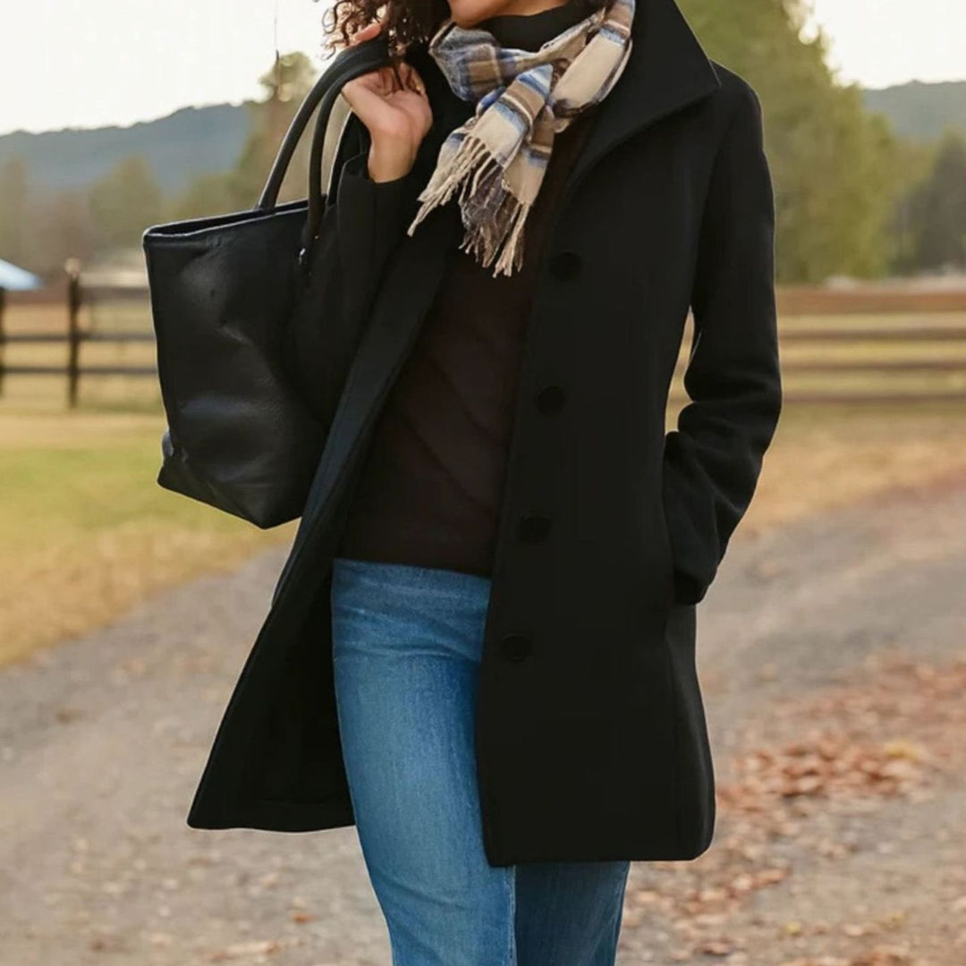 Women's Single-Breasted Wool-Blend Mid-Length Tailored Coat - Black