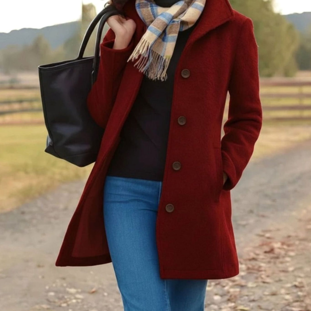 Women's Single-Breasted Wool-Blend Mid-Length Tailored Coat - Red