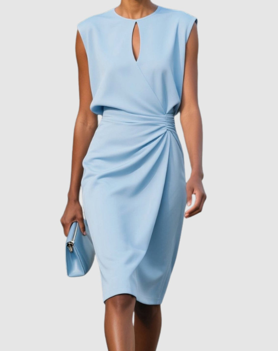 Women's Sleeveless Knee-Length Keyhole-Neck Gathered Dress - Light Blue