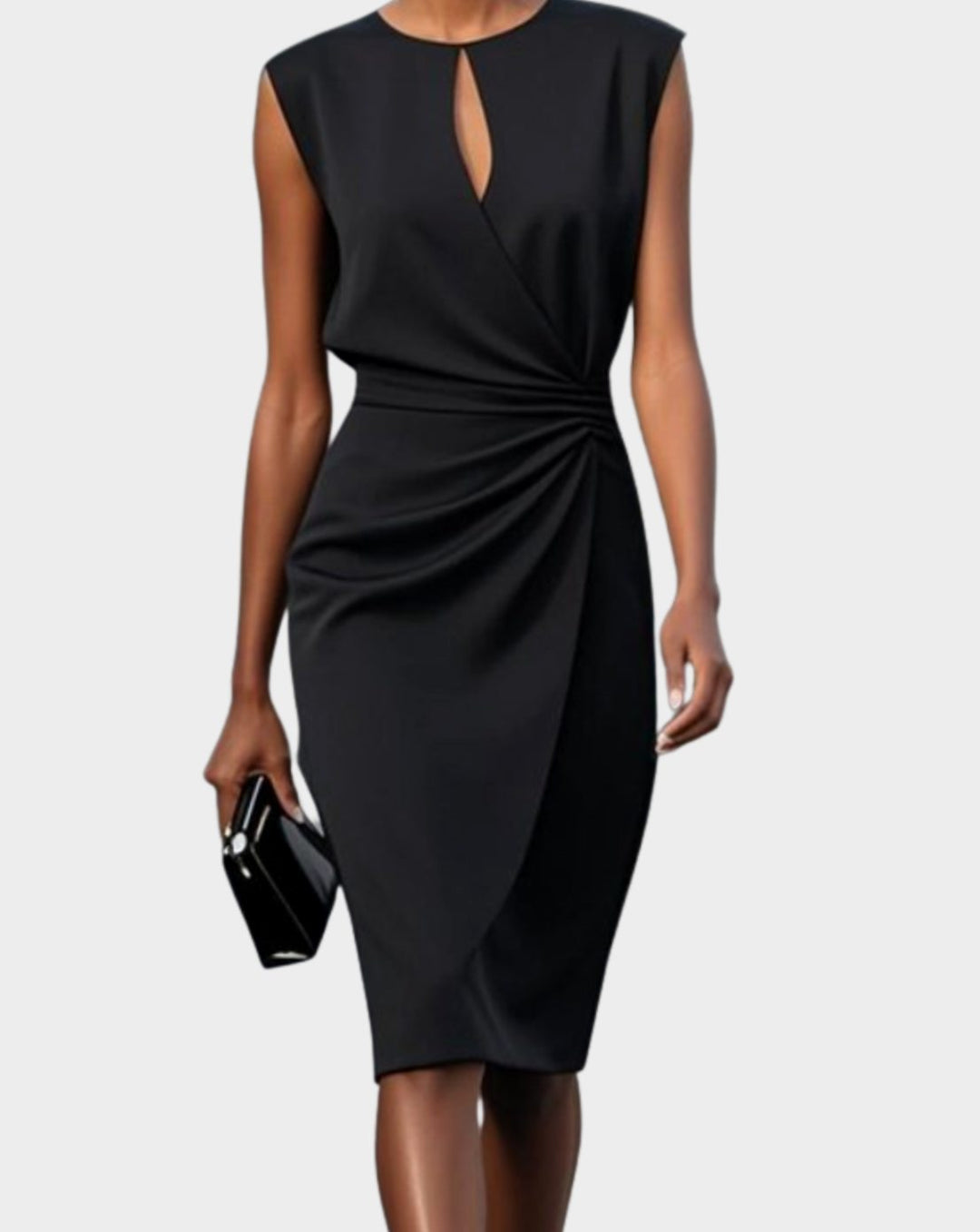 Women's Sleeveless Knee-Length Keyhole-Neck Gathered Dress - Black