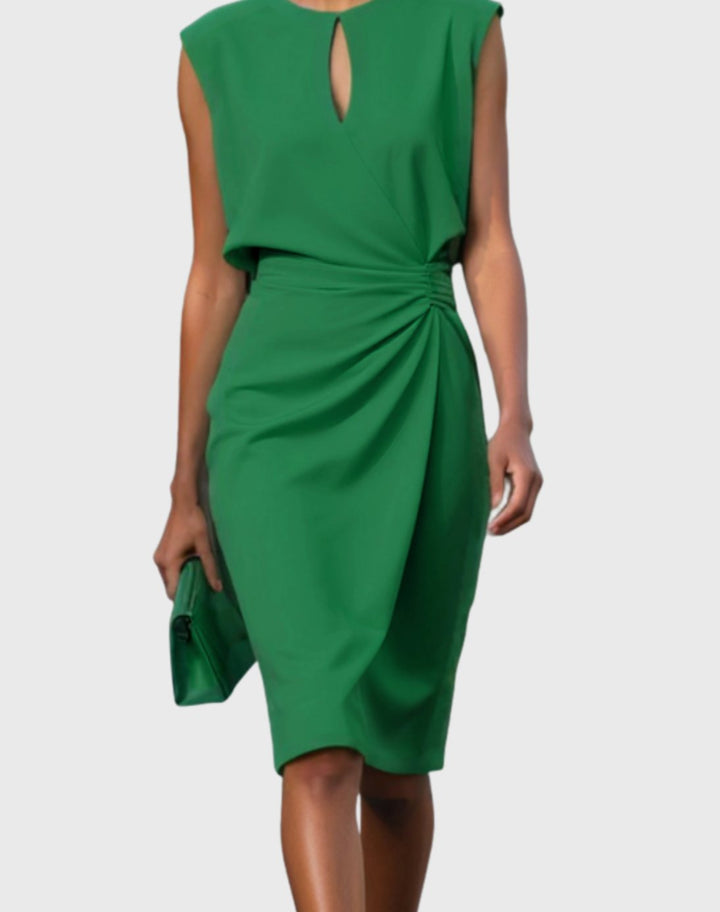 Women's Sleeveless Knee-Length Keyhole-Neck Gathered Dress - Green