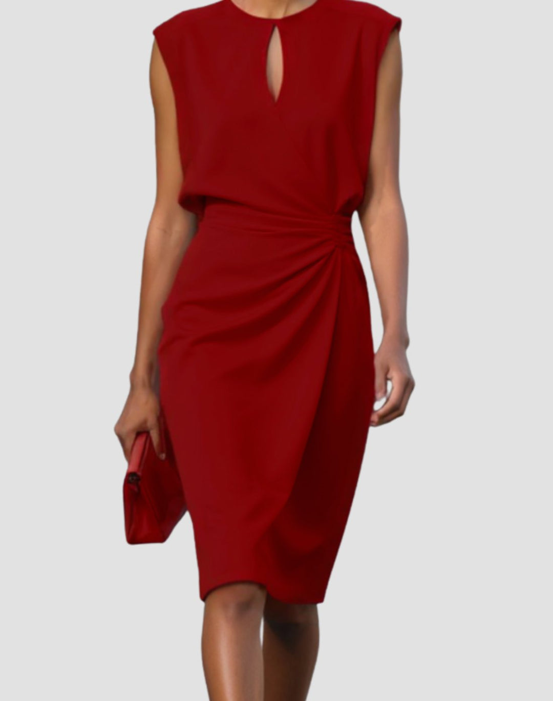 Women's Sleeveless Knee-Length Keyhole-Neck Gathered Dress - Red