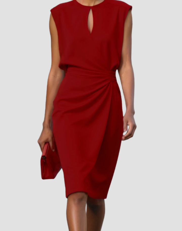 Women's Sleeveless Knee-Length Keyhole-Neck Gathered Dress - Red
