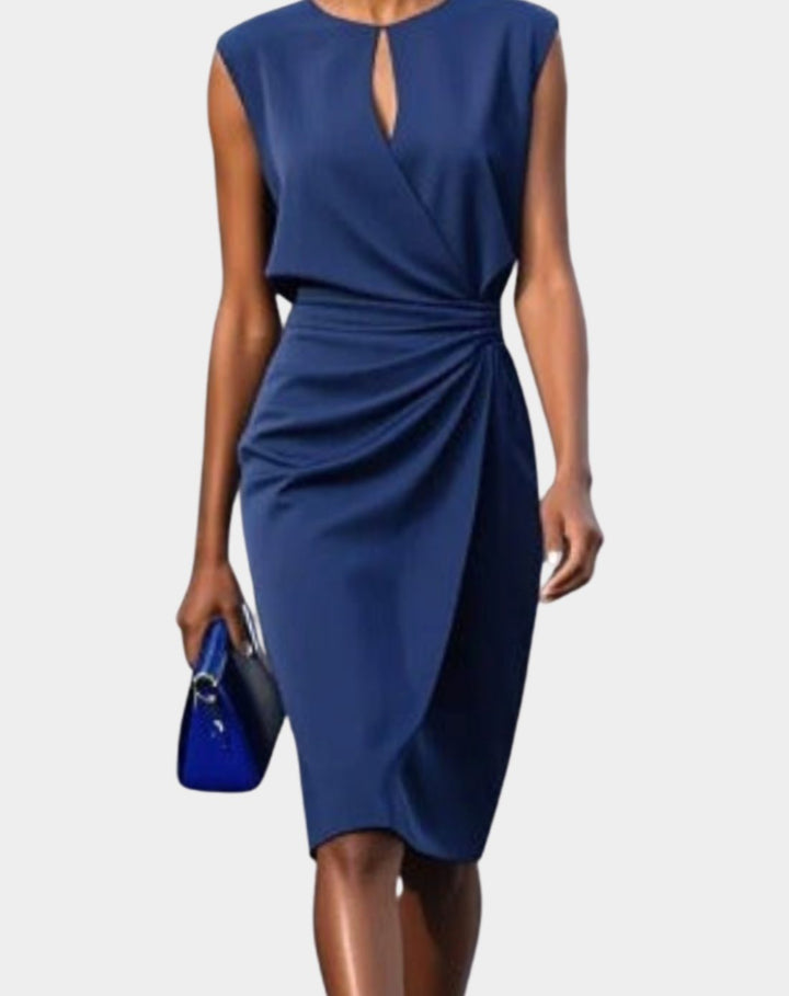 Women's Sleeveless Knee-Length Keyhole-Neck Gathered Dress - Dark Blue