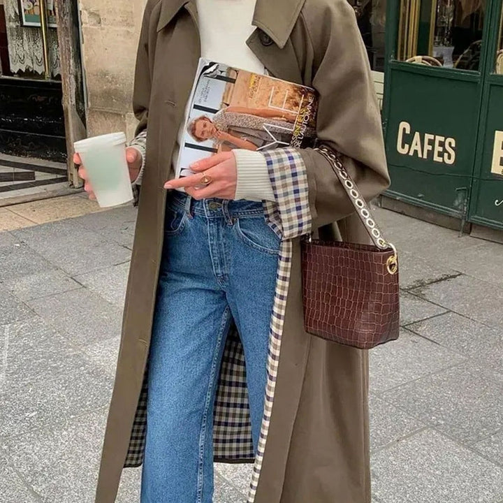 Women's Slim-Fit Belted Longline Trench Coat Checked Lining