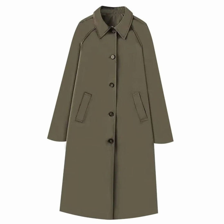 Women's Slim-Fit Belted Longline Trench Coat Checked Lining - Olive Green