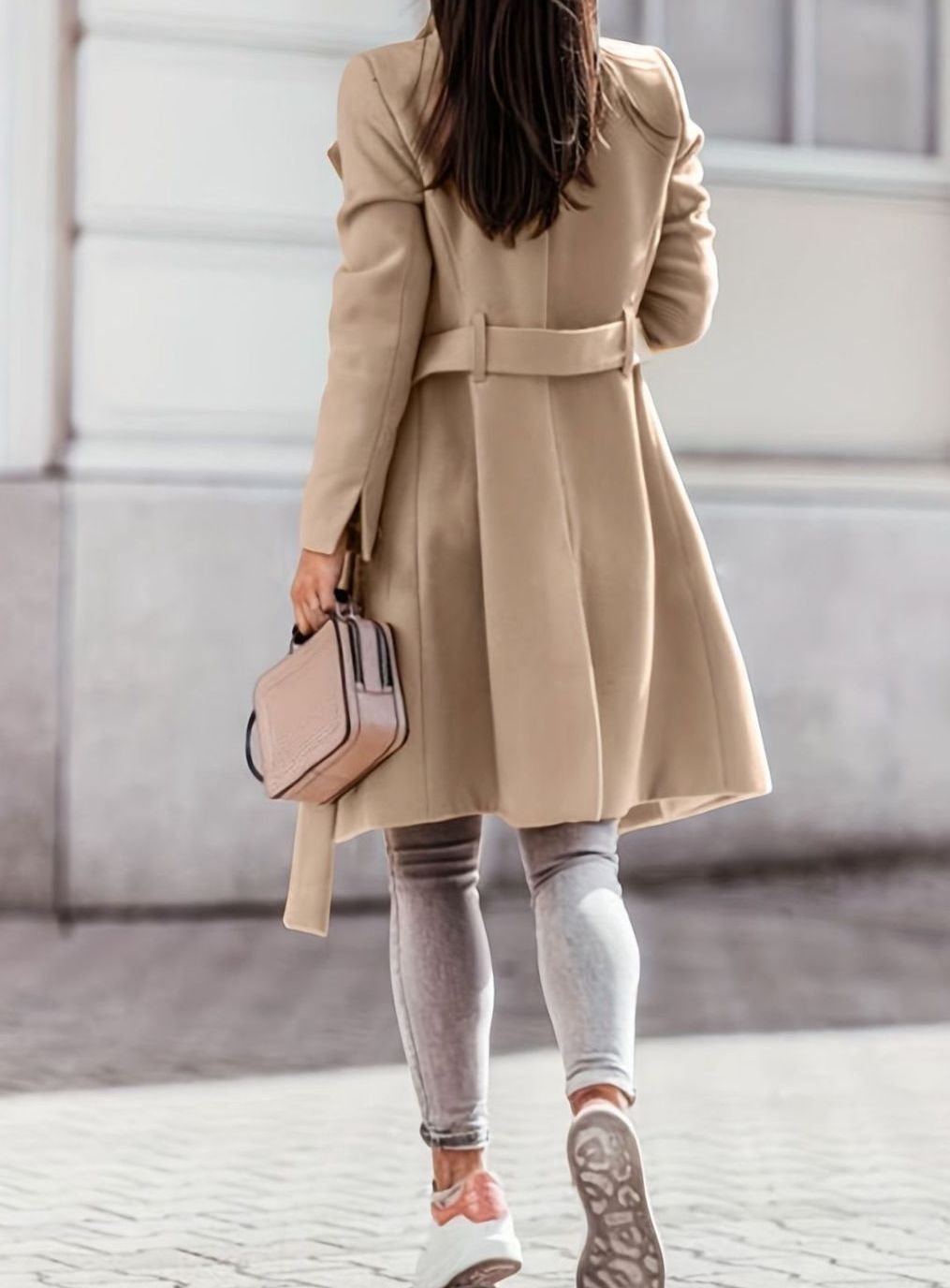 Women's Slim Fit Double-Button Belted Wool-Mix Trench Coat