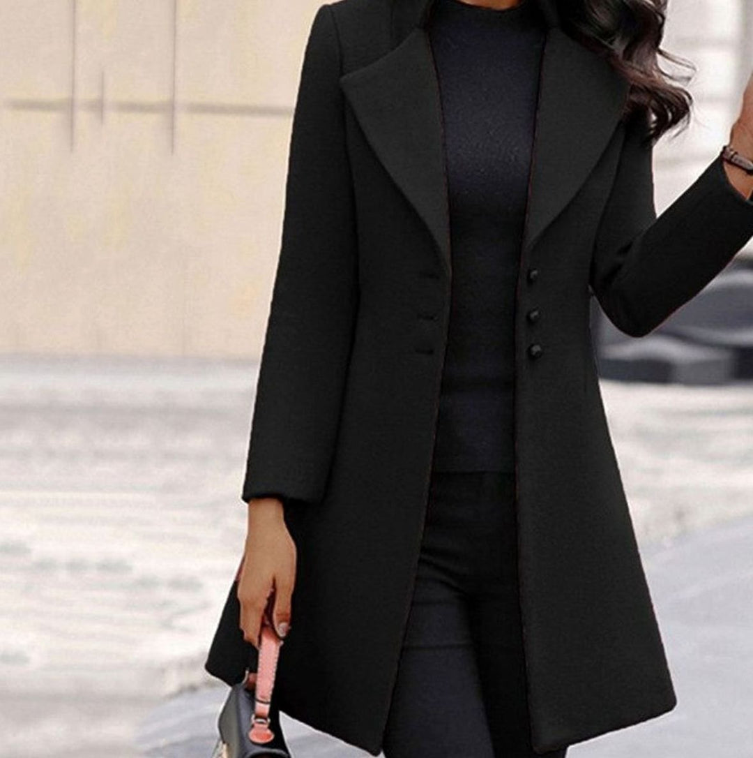Women's Slim-Fit Lapel Collar Woollen Trench Coat - Black