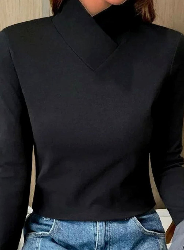 Women's Slim-Fit Long-Sleeve Crossover Turtleneck Jumper - Black