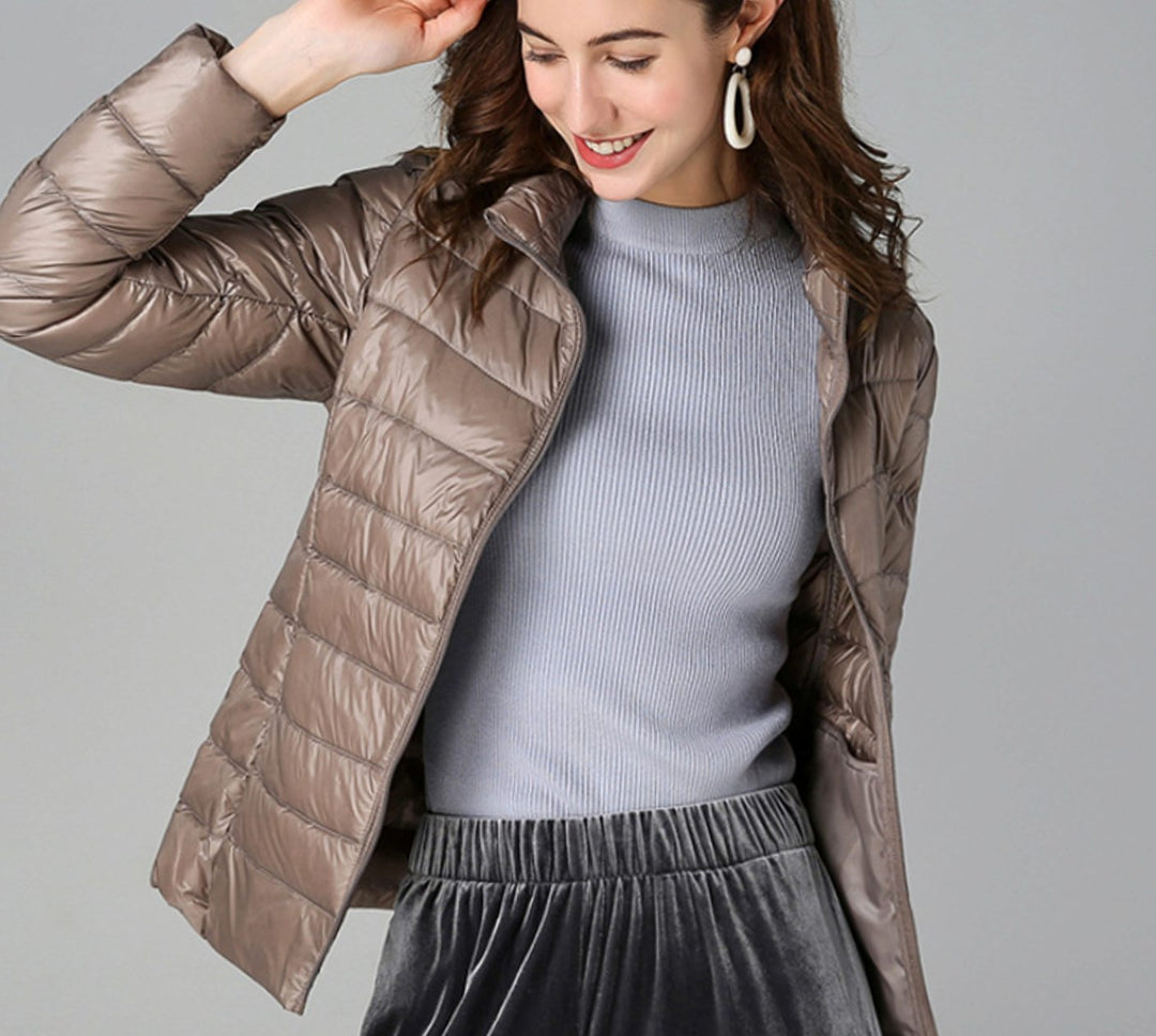 Women's Slim-Fit Quilted Zip-Up Puffer Jacket - Khaki