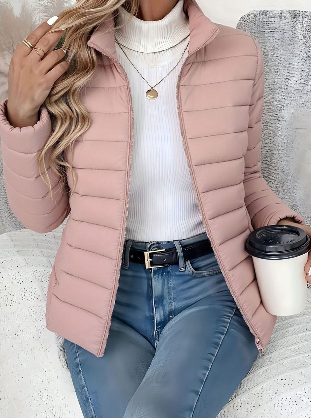 Women's Slim-Fit Quilted Zip-Up Puffer Jacket - Pink