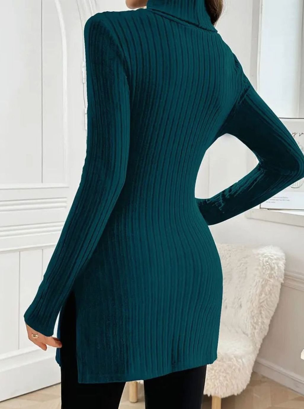 Women's Slim-Fit Ribbed Knit Turtleneck Jumper Side Split Hem