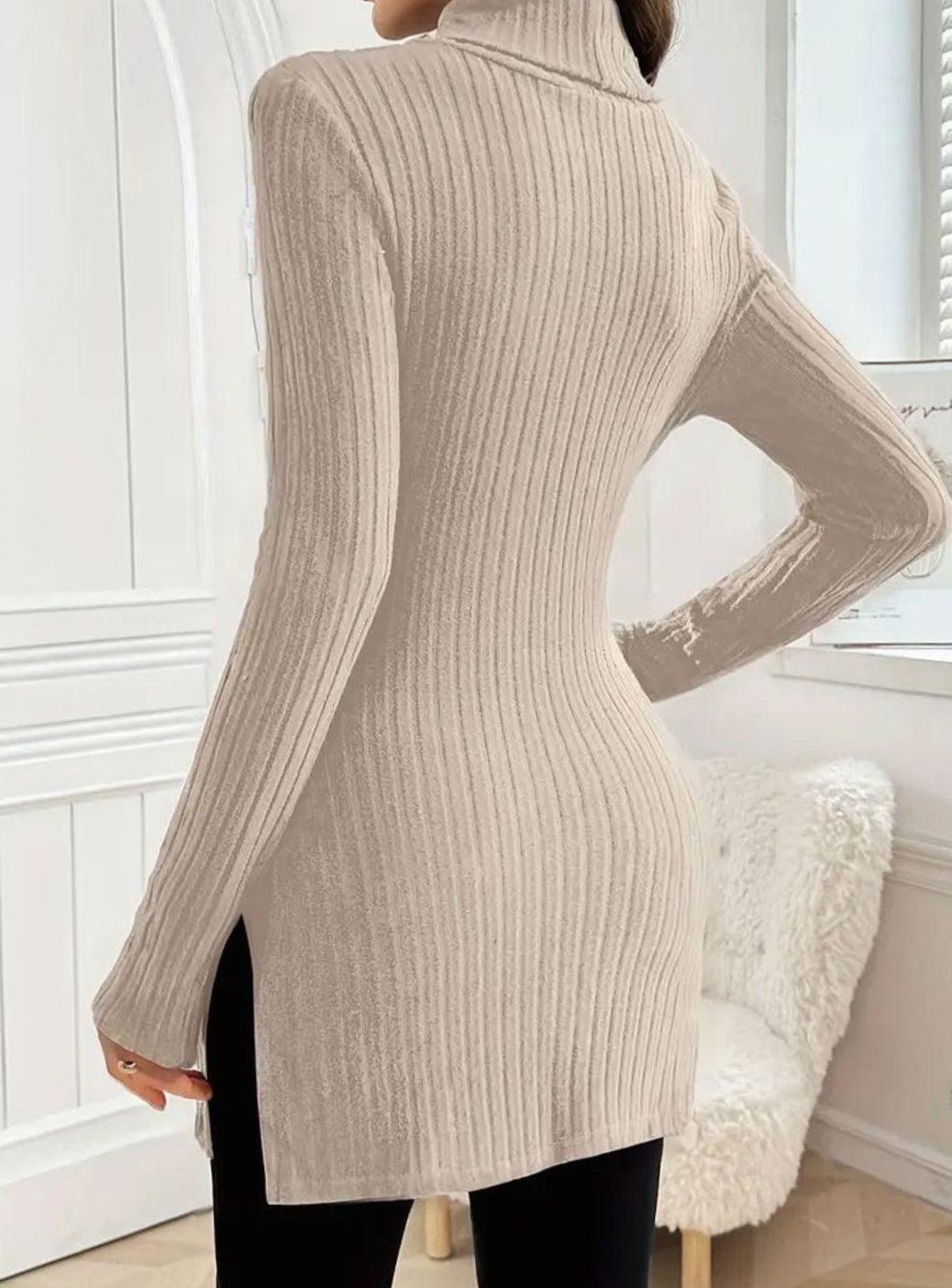 Women's Slim-Fit Ribbed Knit Turtleneck Jumper Side Split Hem