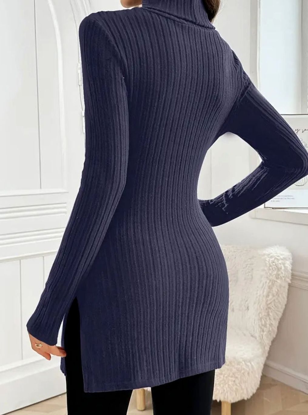 Women's Slim-Fit Ribbed Knit Turtleneck Jumper Side Split Hem