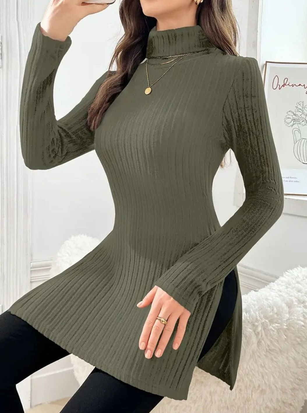 Women's Slim-Fit Ribbed Knit Turtleneck Jumper Side Split Hem - Army Green