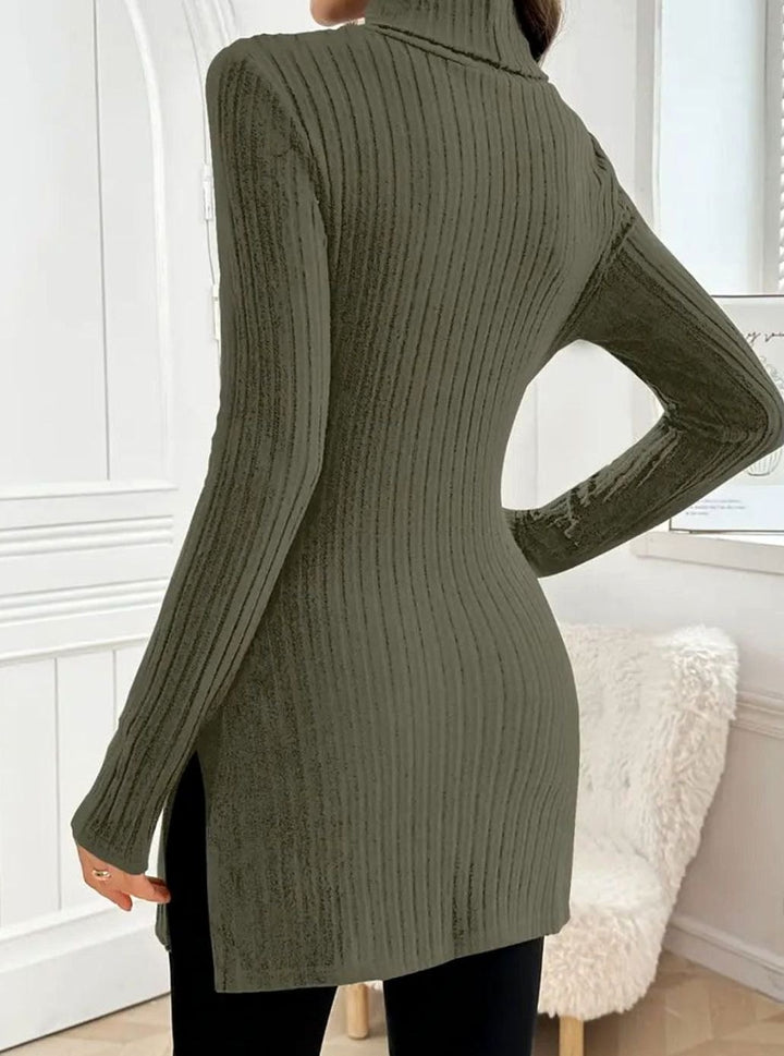 Women's Slim-Fit Ribbed Knit Turtleneck Jumper Side Split Hem