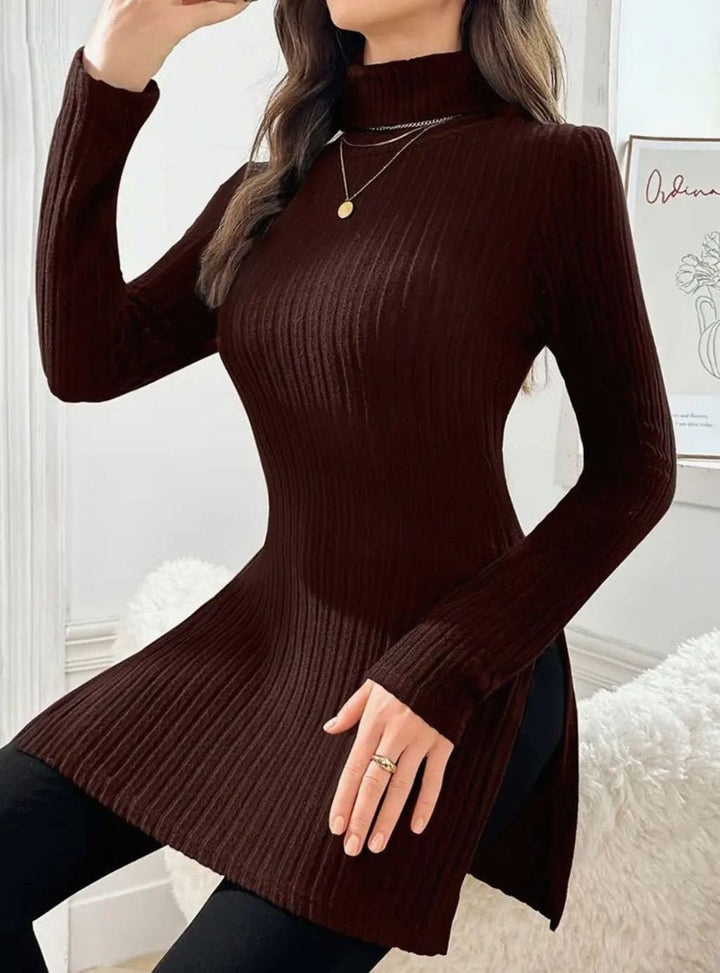 Women's Slim-Fit Ribbed Knit Turtleneck Jumper Side Split Hem - Coffee