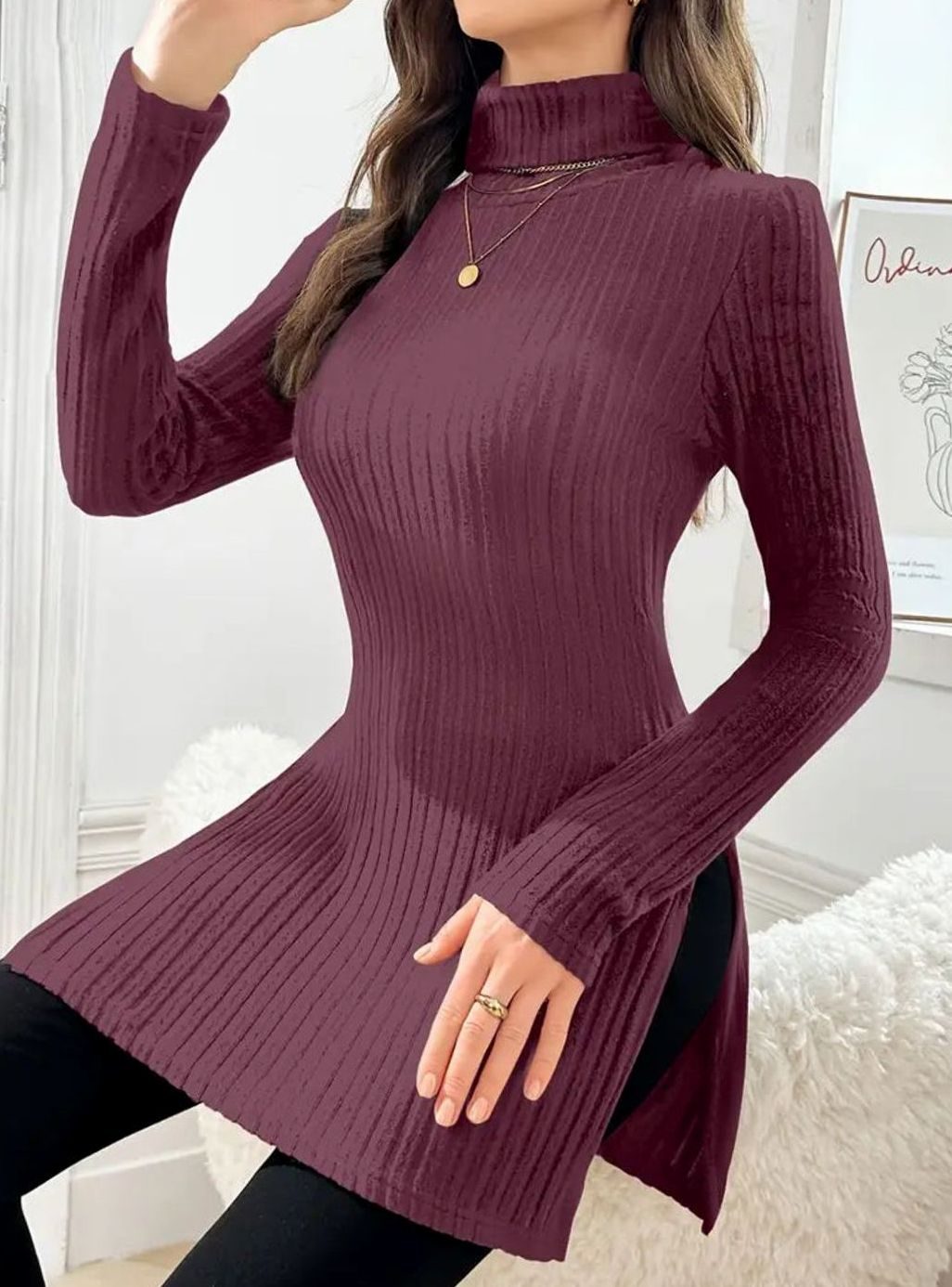 Women's Slim-Fit Ribbed Knit Turtleneck Jumper Side Split Hem - Bean Brown