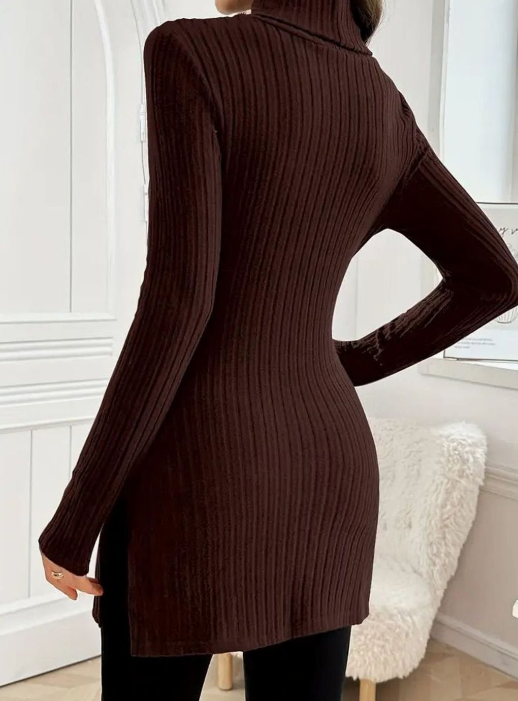 Women's Slim-Fit Ribbed Knit Turtleneck Jumper Side Split Hem