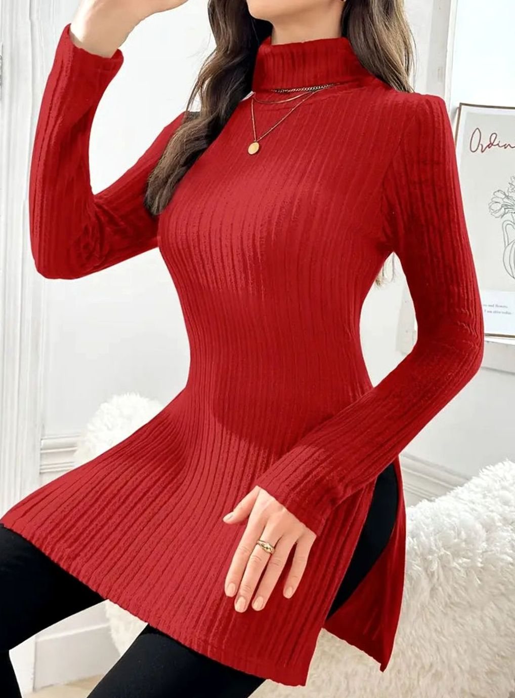 Women's Slim-Fit Ribbed Knit Turtleneck Jumper Side Split Hem - Red