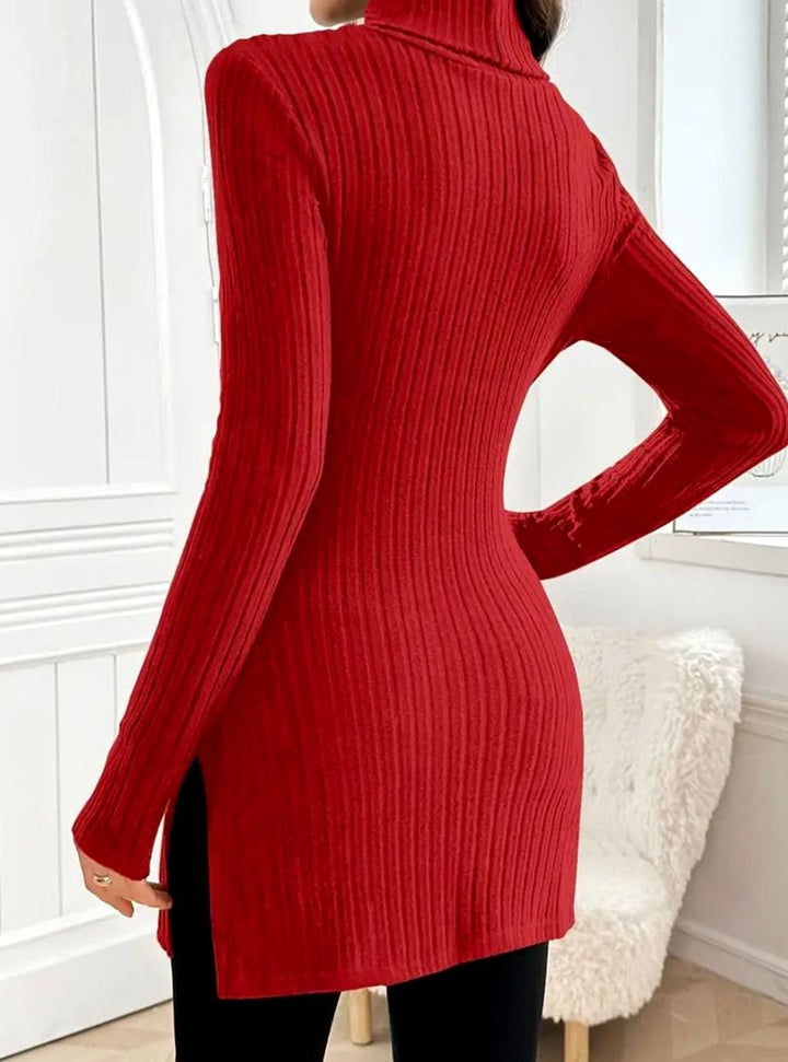 Women's Slim-Fit Ribbed Knit Turtleneck Jumper Side Split Hem