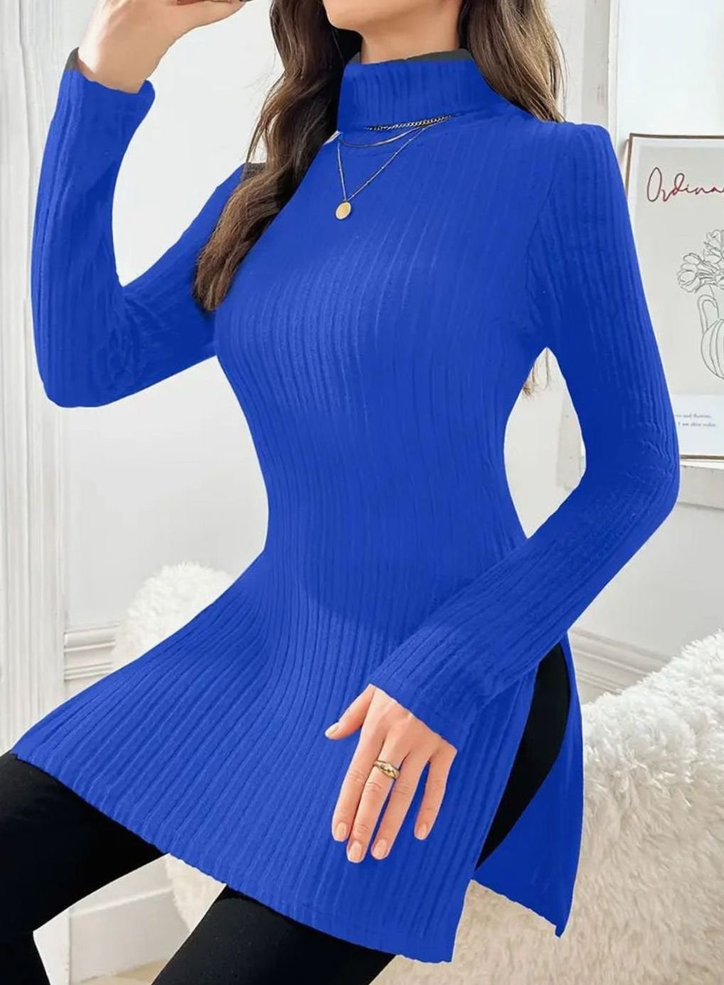 Women's Slim-Fit Ribbed Knit Turtleneck Jumper Side Split Hem - Blue