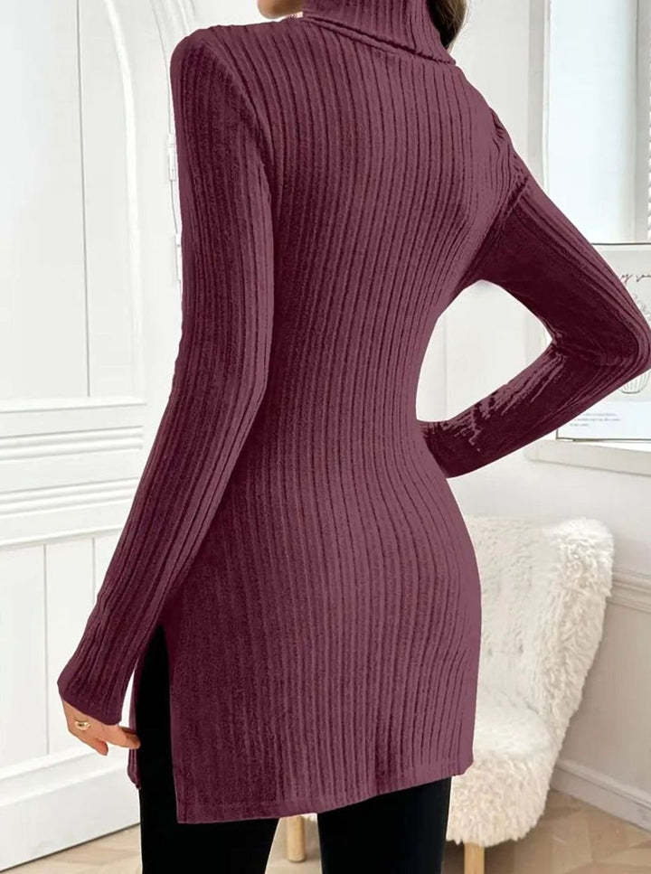 Women's Slim-Fit Ribbed Knit Turtleneck Jumper Side Split Hem