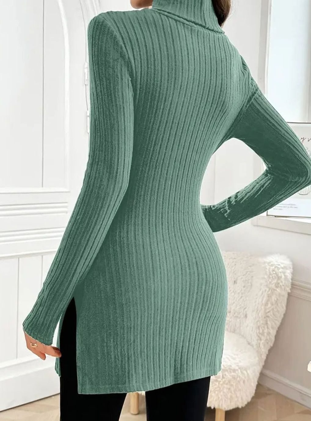 Women's Slim-Fit Ribbed Knit Turtleneck Jumper Side Split Hem