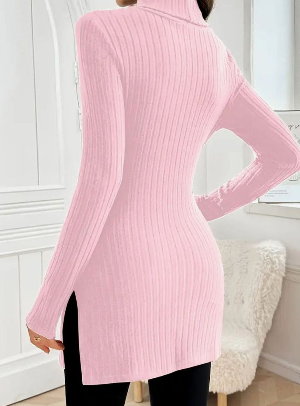 Women's Slim-Fit Ribbed Knit Turtleneck Jumper Side Split Hem