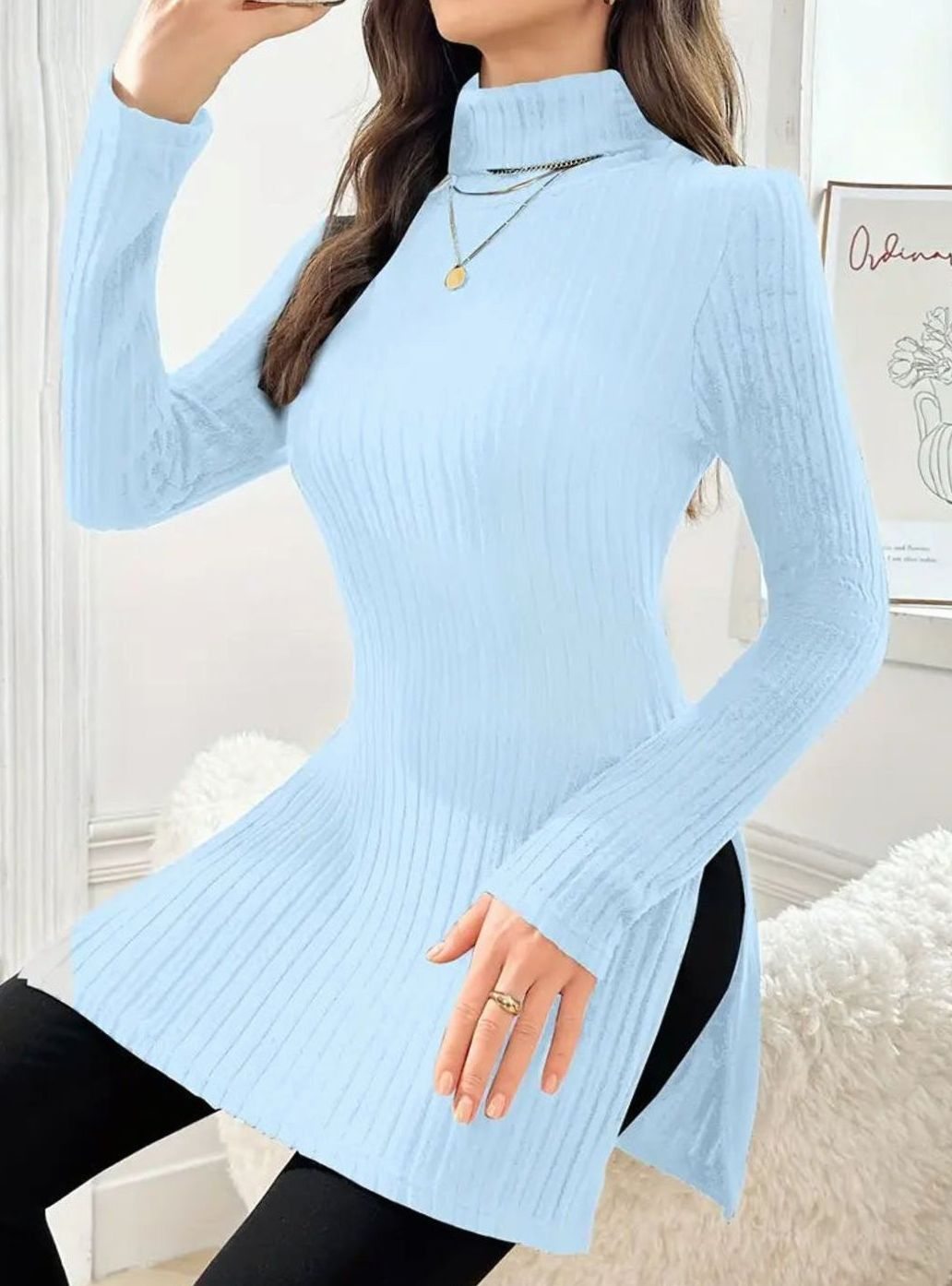 Women's Slim-Fit Ribbed Knit Turtleneck Jumper Side Split Hem - Light Blue