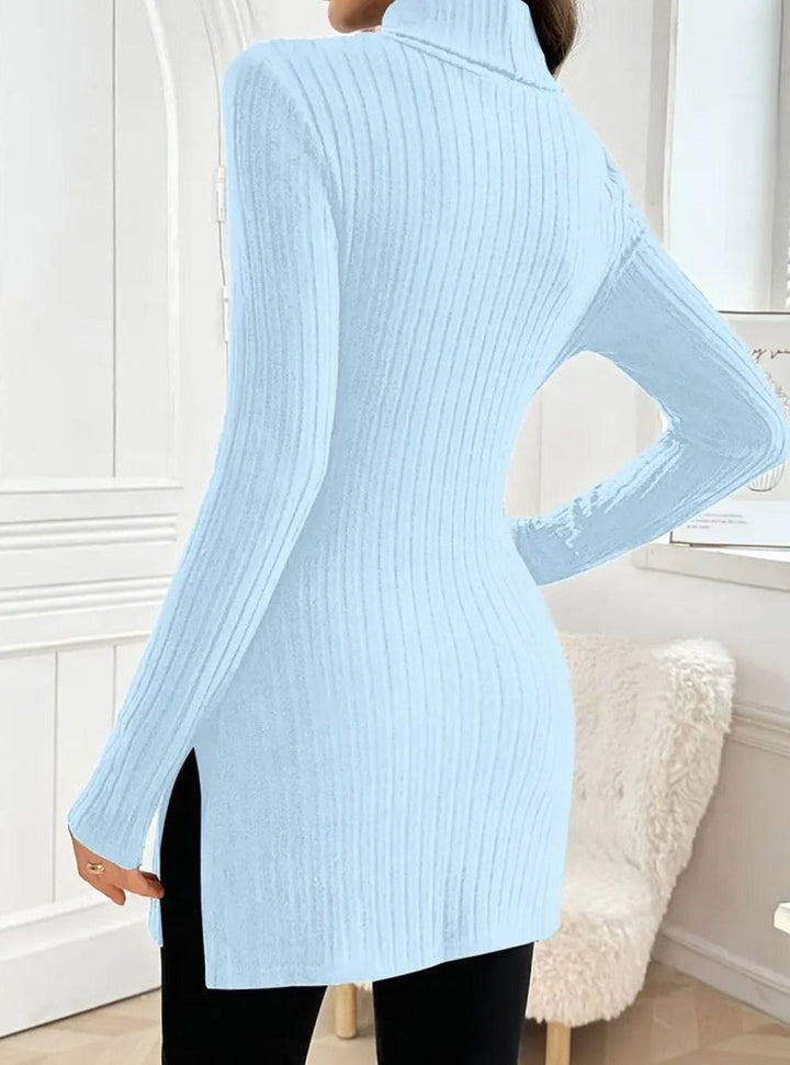 Women's Slim-Fit Ribbed Knit Turtleneck Jumper Side Split Hem