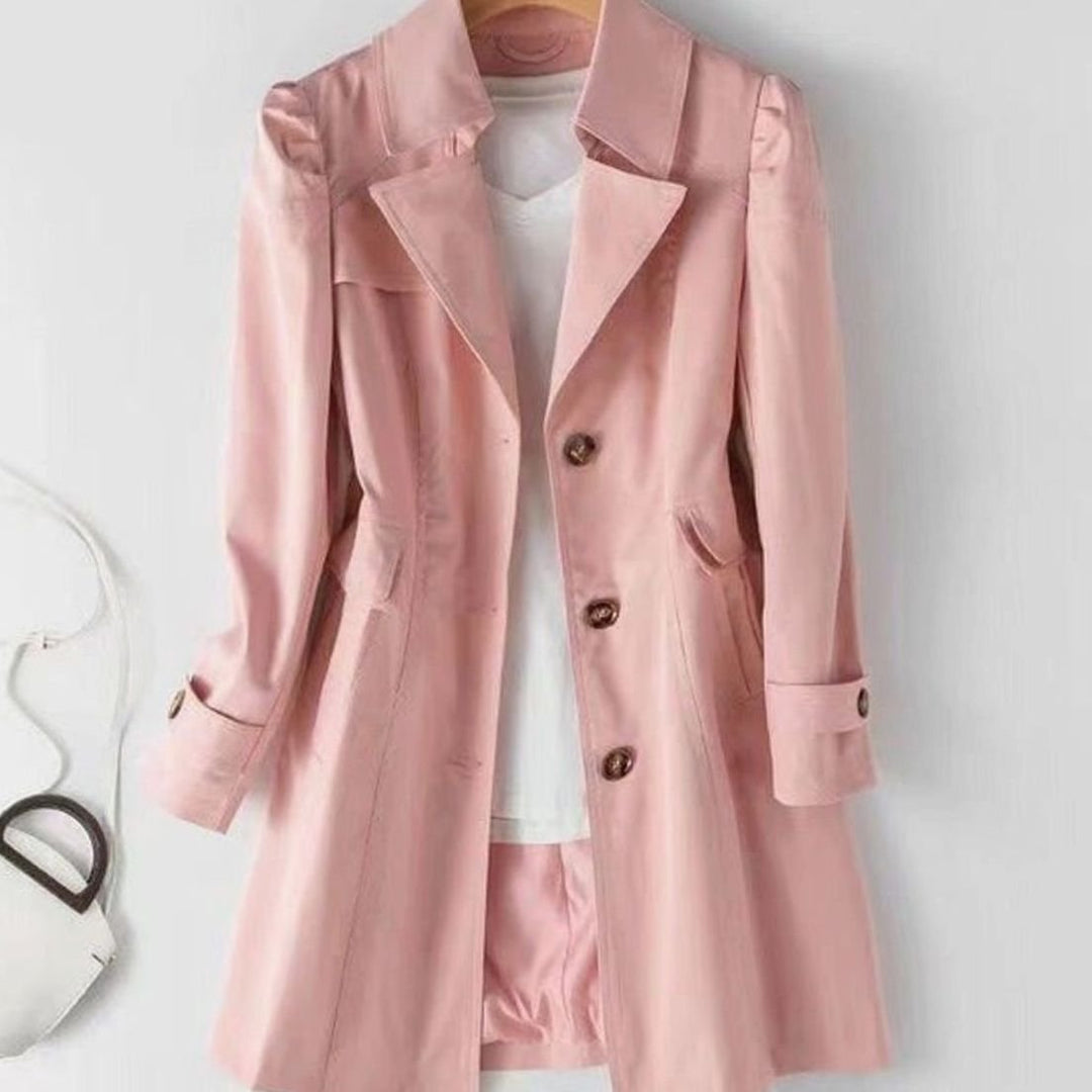 Women's Slim-Fit Single-Breasted Longline Trench Coat, Black - Light Pink