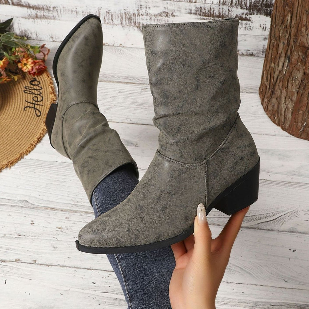 Women's Slouch Mid-Calf Block Heel Faux Leather Ankle Boots - Grey