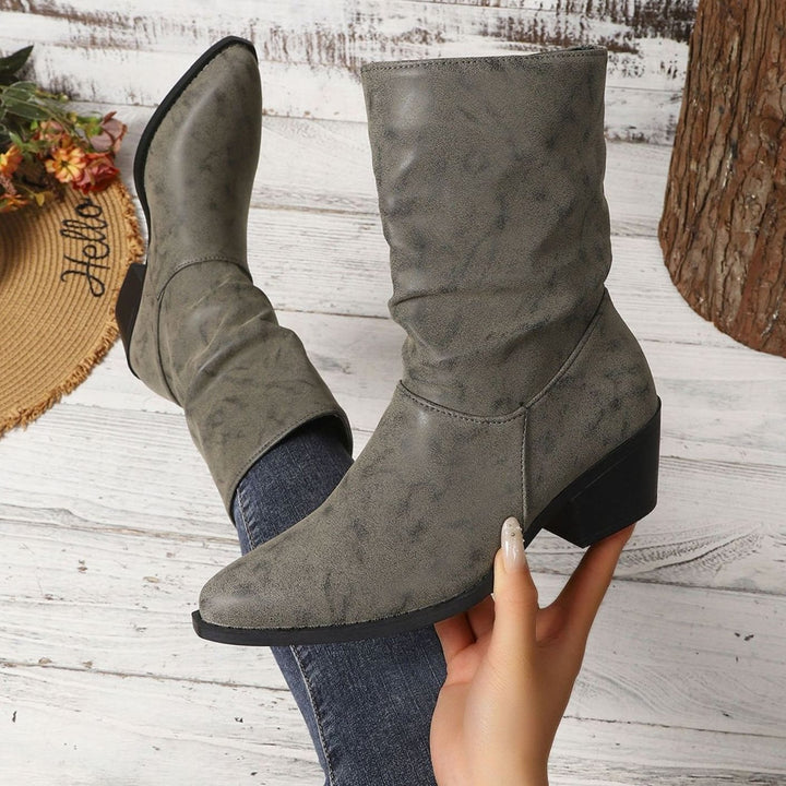 Women's Slouch Mid-Calf Block Heel Faux Leather Ankle Boots - Grey