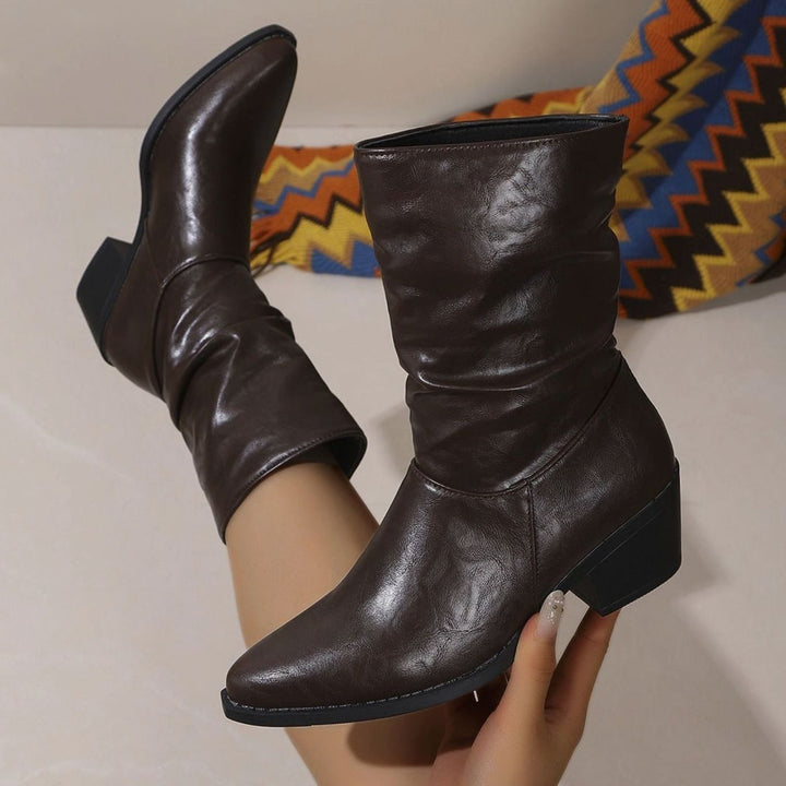Women's Slouch Mid-Calf Block Heel Faux Leather Ankle Boots - Brown